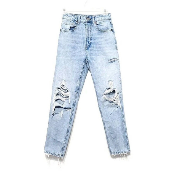 Zara Distressed Light Wash Mom Jeans Womens Size 0 Acid Washed Tapered Leg Denim - Picture 1 of 8